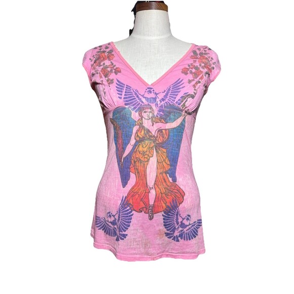 Y2K Butterfly Dropout Foxy People Babydoll Top – Med Pink Tattoo Graphic V-Neck - Picture 4 of 11